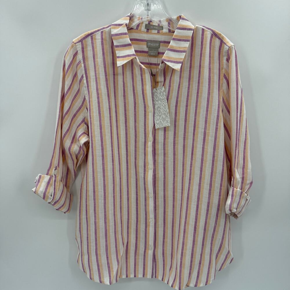 New CHICO's Linen Shirt Women Size 1 / US M Button Front  Lightweight 3/4 Sleeve